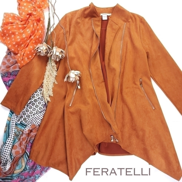 Jackets & Blazers - Feratelli Camel Tan Poly Suede Silver Zippered Coat Sz L